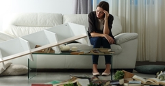 Upset woman sitting on a couch in ransacked living room