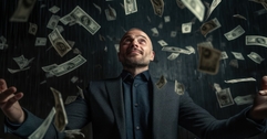 Millionaire with money raining on him