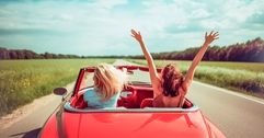 two girls in a red car 