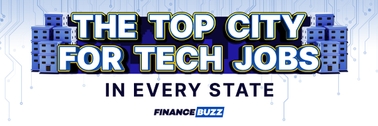 A banner with white text and a yellow and blue outline, reading "The Top Cities for Tech Jobs in Every State".   