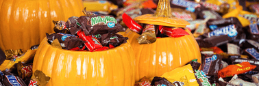halloween candy in ceramic pumpkins