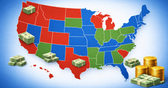 map of the united states with stacks of money on states with high and low millionaire tax burdens