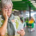 senior woman in the supermarket checks her grocery receipt