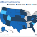 A color coded map of the U.S. showing the most stolen cars in America.
