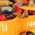 halloween candy in ceramic pumpkins