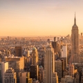 View of New York City skyline from high up at sunset
