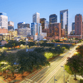 Downtown Houston roadway with city in skyline