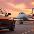 View of black luxury car with private white jet in the background
