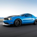 Blue Ford Mustang with a black hood 