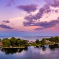 Aerial panorama of the Ceder Point peninsula at dusk, in Sandusky, Ohio