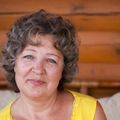Woman white curly short white hair 