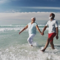 strolling retirees in beachwear