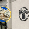 Social Security building with stack of money