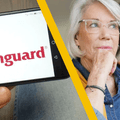 vanguard on mobile phone and senior woman working