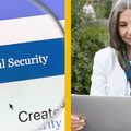 social security website and woman on computer