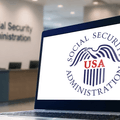 Social Security Administration building and laptop screen
