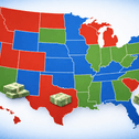 map of the united states with stacks of money on states with high and low millionaire tax burdens