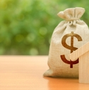 Wooden toy house with money bag