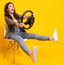 woman holding a driving wheel