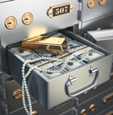 Open safe deposit box with money jewels and golden ingot