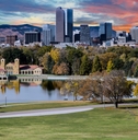 Denver Skyline and Mountains Beyond Lake