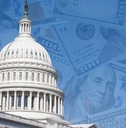 Picture of the government buildings with money in the background