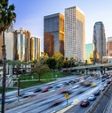 Los Angeles downtown buildings skyline highway traffic