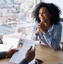 job interview between businessman hr director and female applicant
