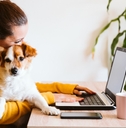Woman holding dog while she&#x27;s using a laptop