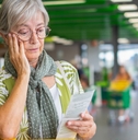 senior woman in the supermarket checks her grocery receipt