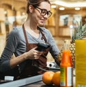 happy female cashier at store scanning grocery items