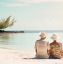 senior couple sitting on a sunny sandy beach enjoying their retirement vacation together