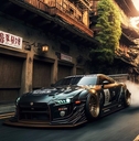 A sports car races down an alleyway. 