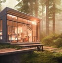 modern cabin house with glass interior and golden lights inside in the middle of forest