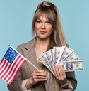woman with USA flag and hundred dollar cash fan money