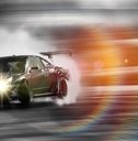 A stylized photo of a racing car. 