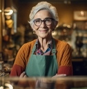 Thoughtful senior female standing at her shop is smiling at camera