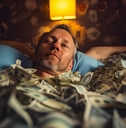 man sleeps with dollar banknotes