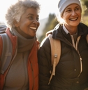 lesbian couple hiking outdoors