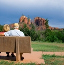 senior couple on bench in arizona