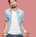 sad bankrupt bearded young man