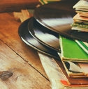 vintage record stake on wooden table