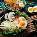 udon noodles with egg mushrooms onions