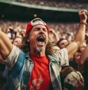 A man wearing a red t-shirt and backward baseball hat raises his arms in crowded stands at a football game.
