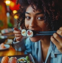 Woman eating sushi
