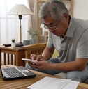 man counting on calculator