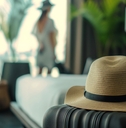 sun hat and suitcase in hotel room
