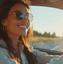 A woman wears sunglasses while driving her car.