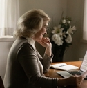 middle aged woman checking paper