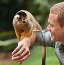 man interacting with a little monkey